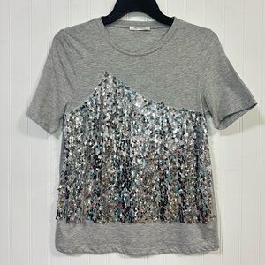 ZARA TRAFALUC Grey Tee with Asymmetric Silver Sequin Mesh Panel